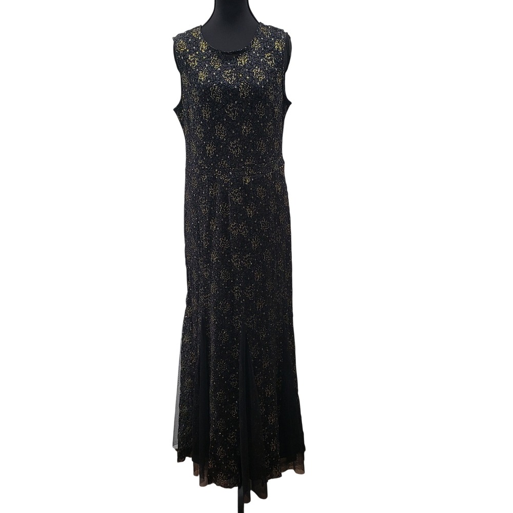 Candalite Maxi Dress Womens XL Black Gold Metallic Floral Lace Sleeveless Gown